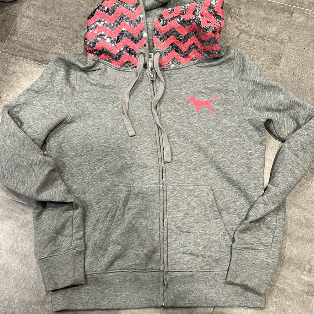RARE Victoria's Secret Vintage 2012 PINK Hoodie Pink Silver Chevron Bling Zip XS